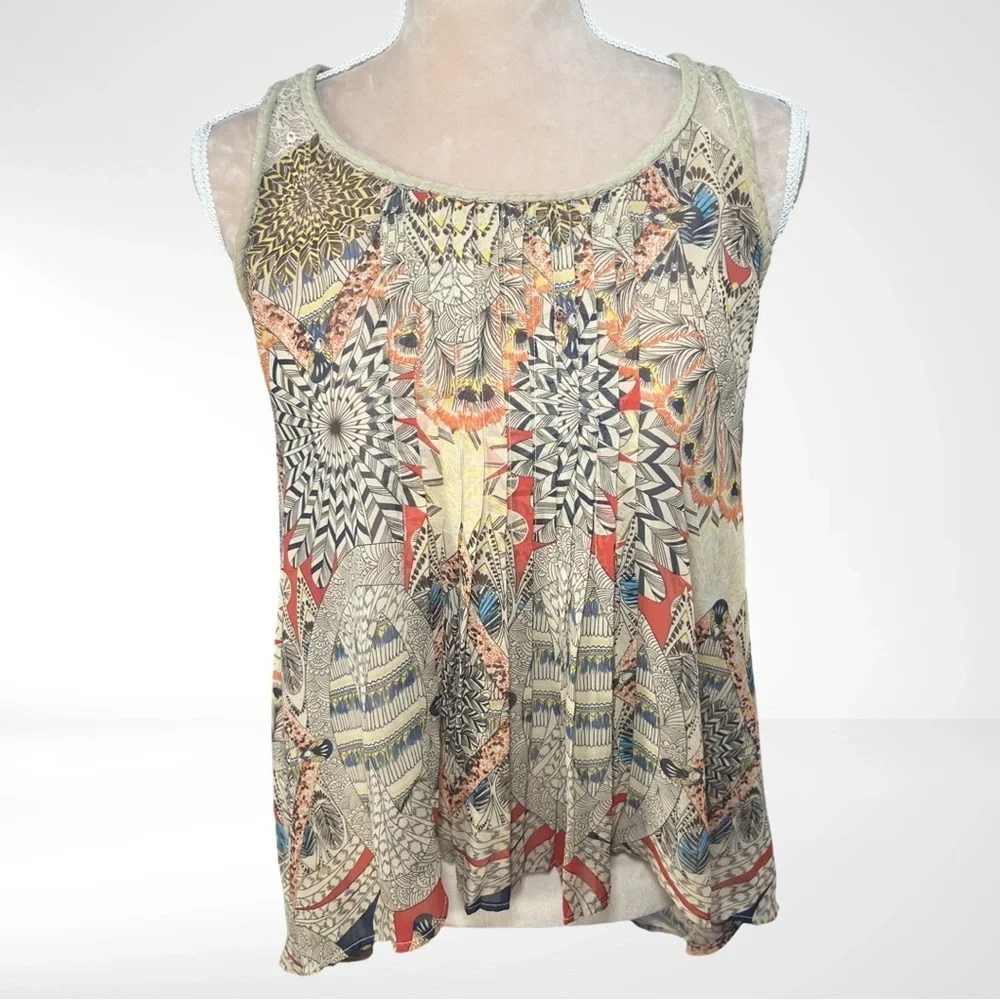 DOE & RAE Flowy Boho Feather Print Top with Rope and lace detailing EUC … - Picture 5 of 10